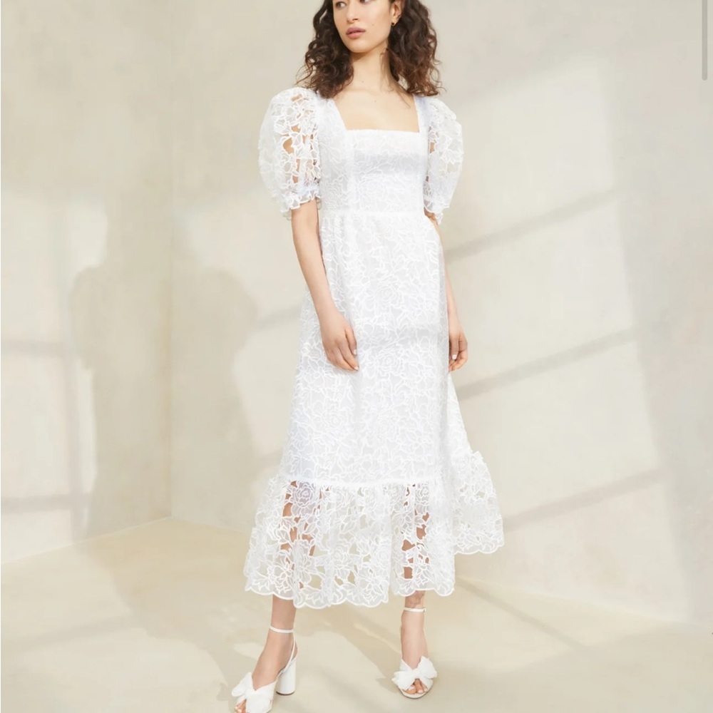 White Loeffler Randall Cream Puff Sleeve Lace Dress